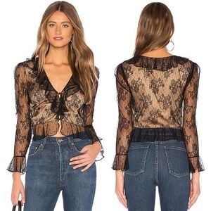 Majorelle Top Womens Medium Black Nude CiCi Lace Deep VNeck Revolve Cropped